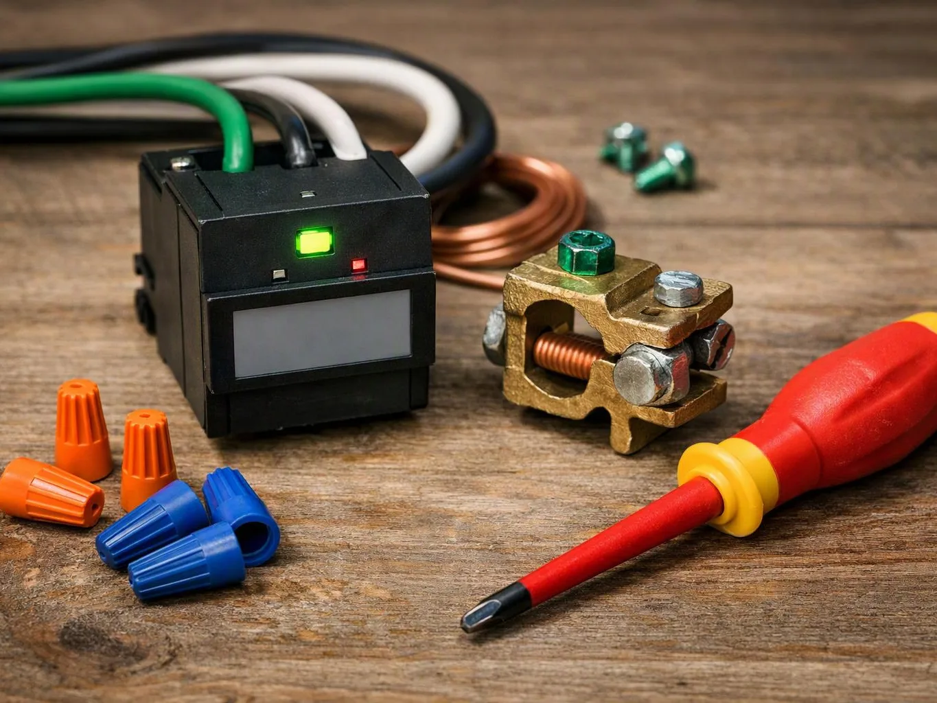 Electrical test gear and wire connectors lie on a wooden work surface, with a screwdriver in front