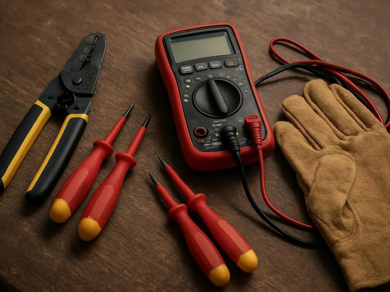 Electrical tools and gloves lie on a wooden surface, including a multimeter, wire stripper, probes, and insulated gloves
