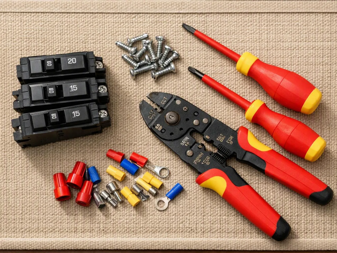 Electrical tools and parts are laid out on beige fabric, including screwdrivers, a wire crimper, circuit breakers, screws