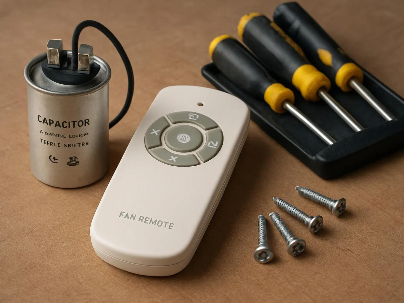 A fan capacitor, remote control, screwdrivers, and loose screws rest on a brown work surface