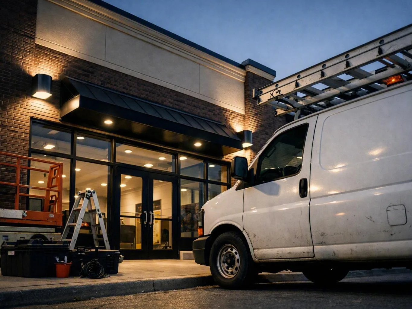 White work van with a ladder parked outside a lit brick storefront at dusk