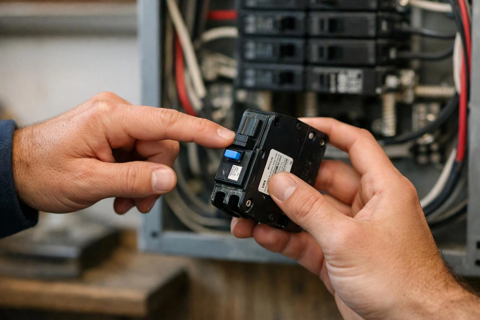 Hands inspect a small black circuit breaker inside an electrical panel