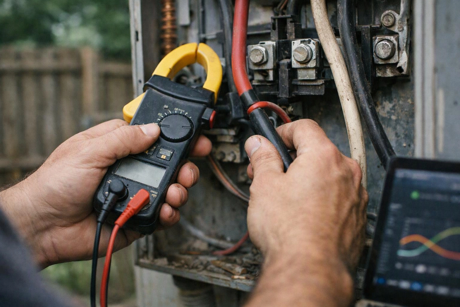 Hands test electrical wiring in an open metal box with a clamp meter and probes outdoors