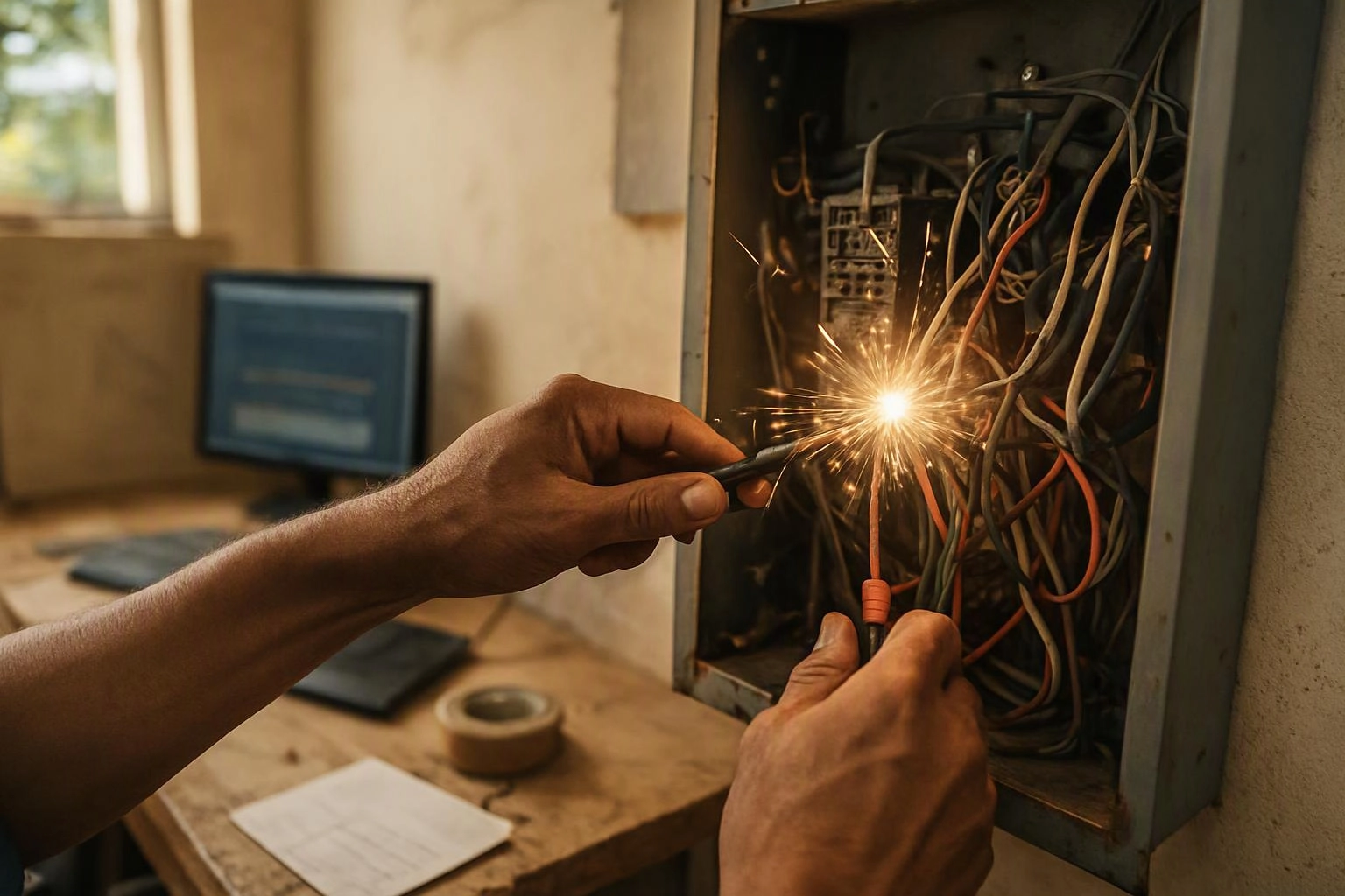 A person repairs exposed electrical wiring in a wall panel, with bright sparks flying in a small room