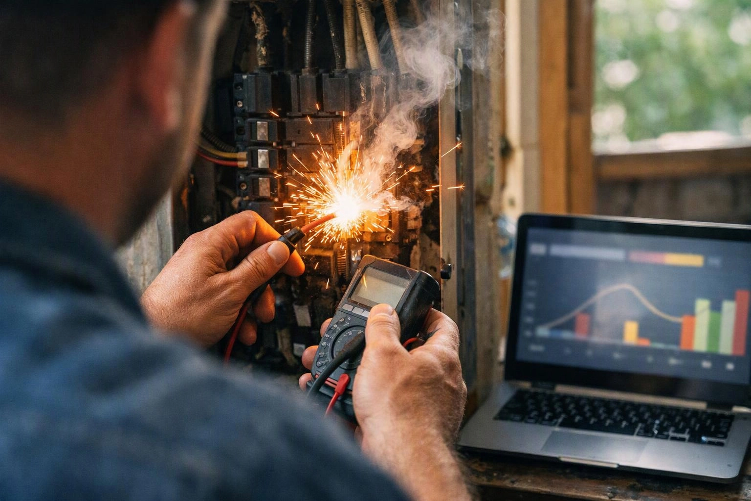 A man tests a sparking electrical panel with a multimeter beside a laptop in a workshop