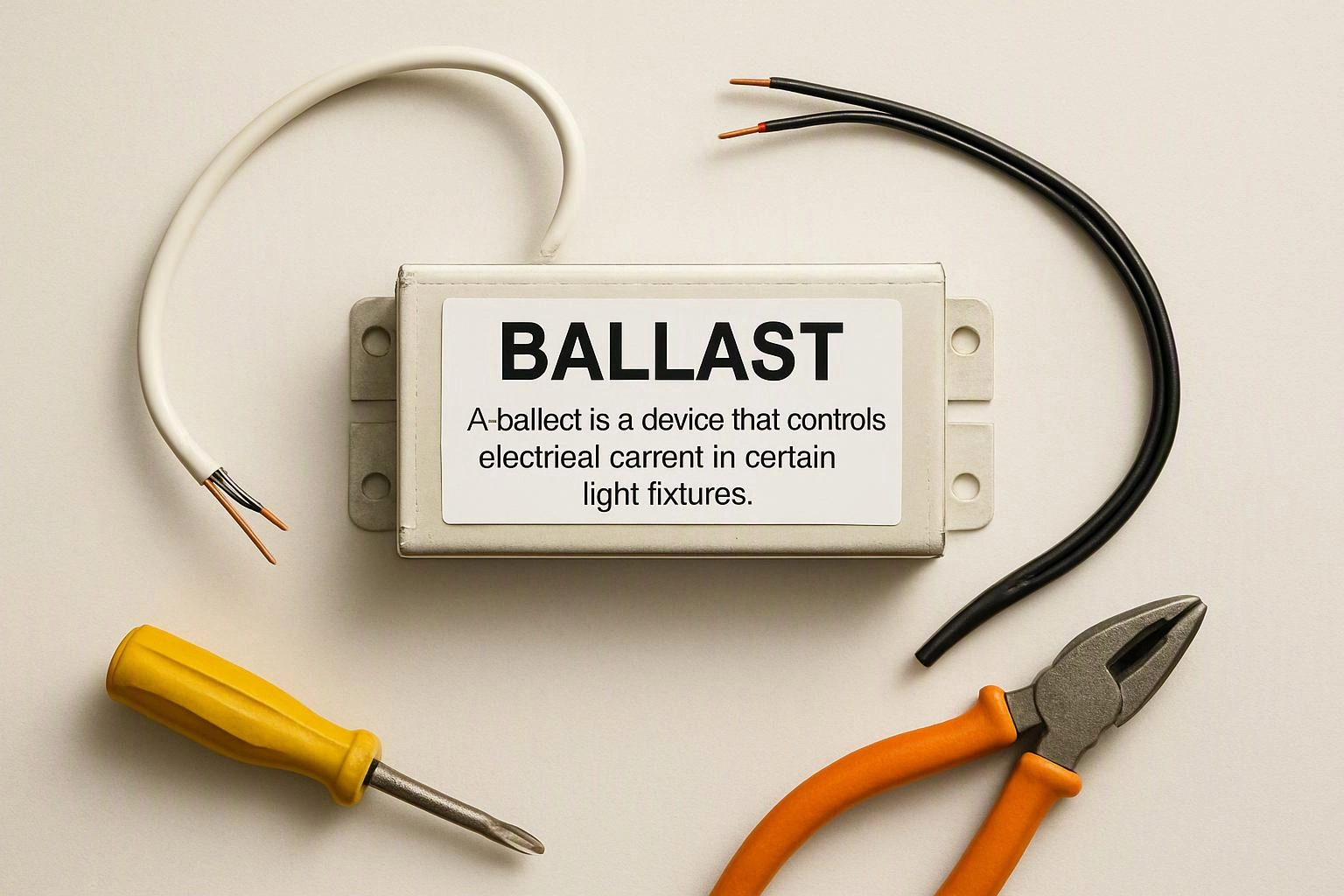 A ballast with cut wires, a screwdriver, and pliers lie on a plain surface