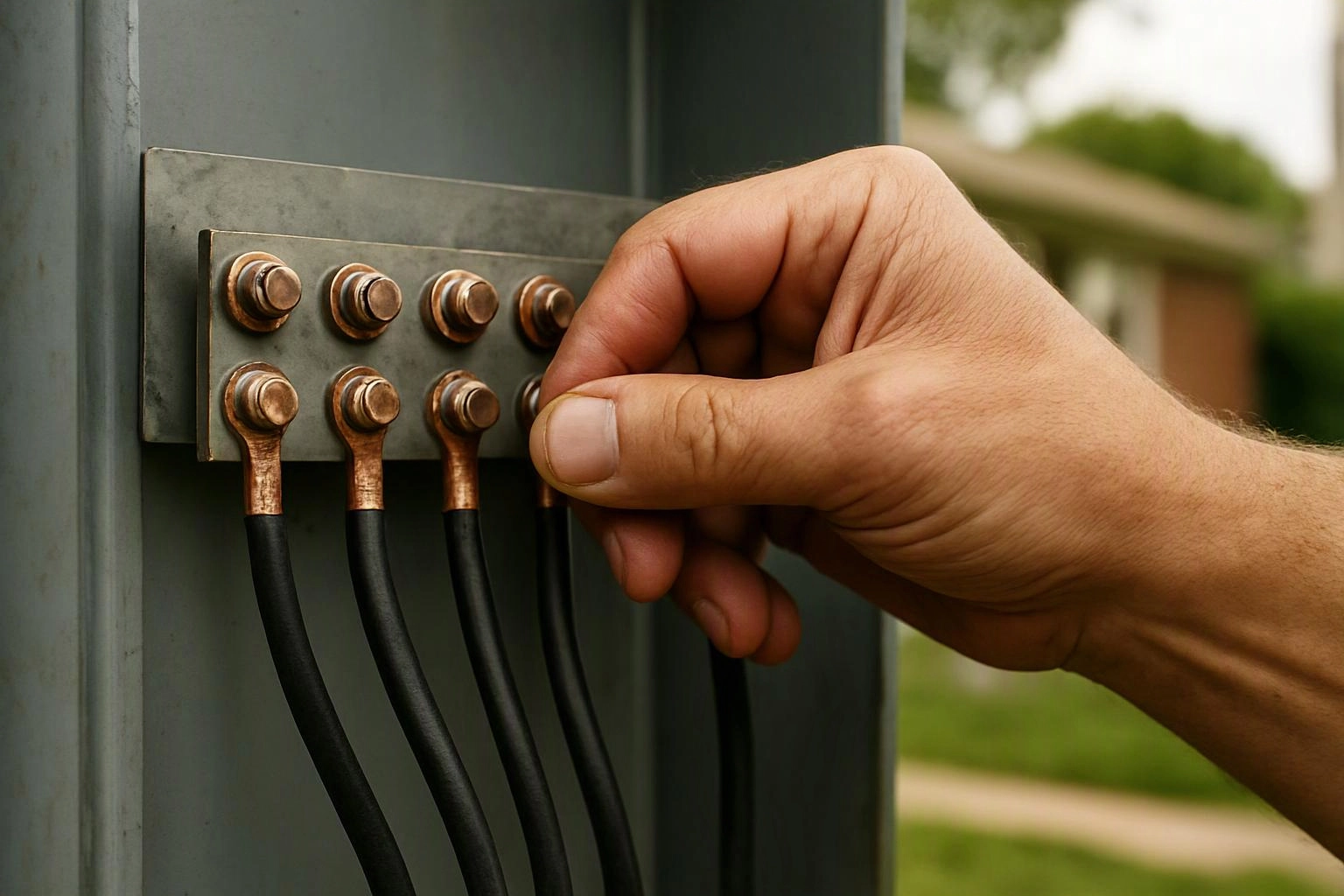 A hand tightens a copper cable connection on a gray metal electrical panel outdoors