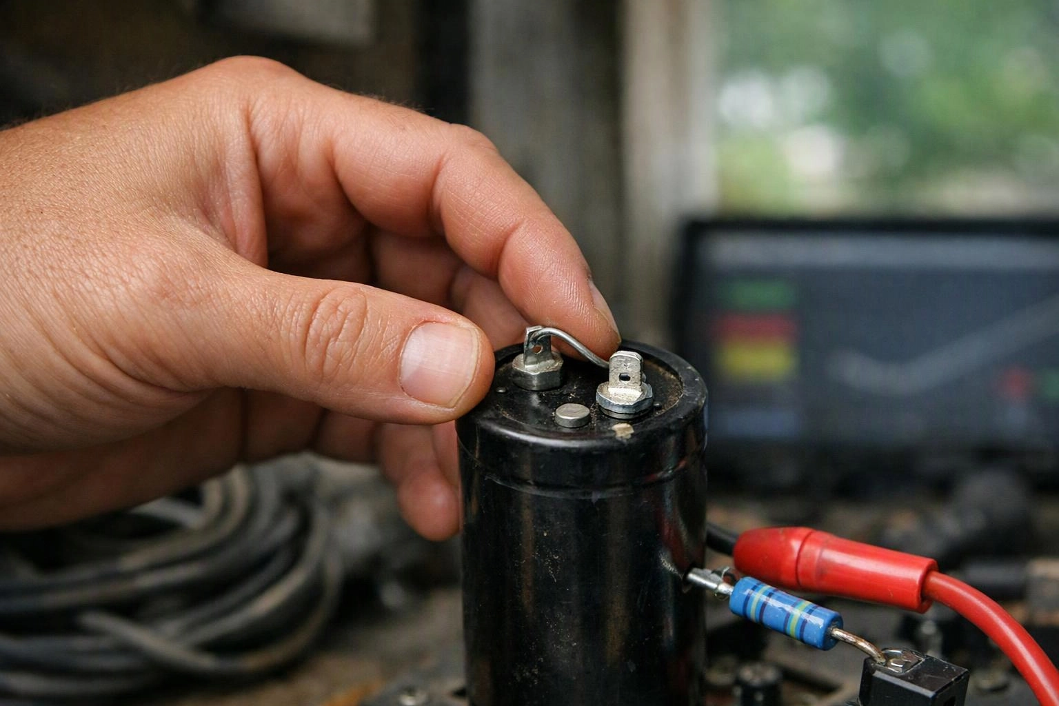 A hand holds a black cylindrical electrical component with wires attached on a workbench