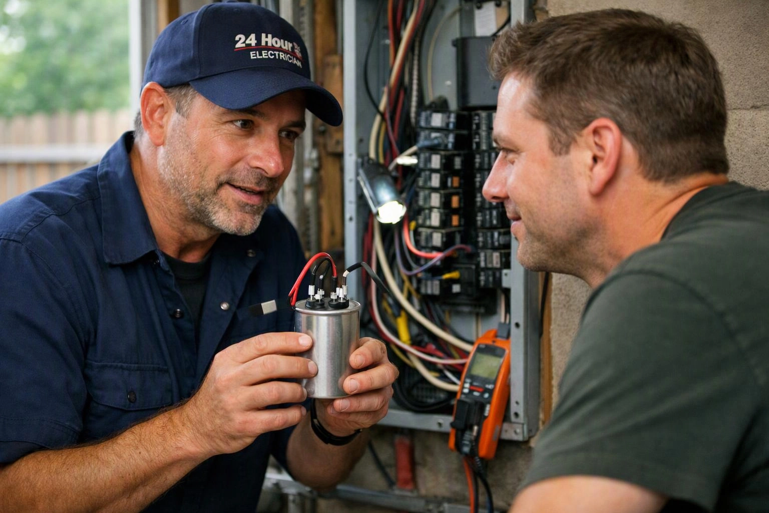 Two men inspect an open electrical panel, one holding a metal capacitor in a workshop-like space