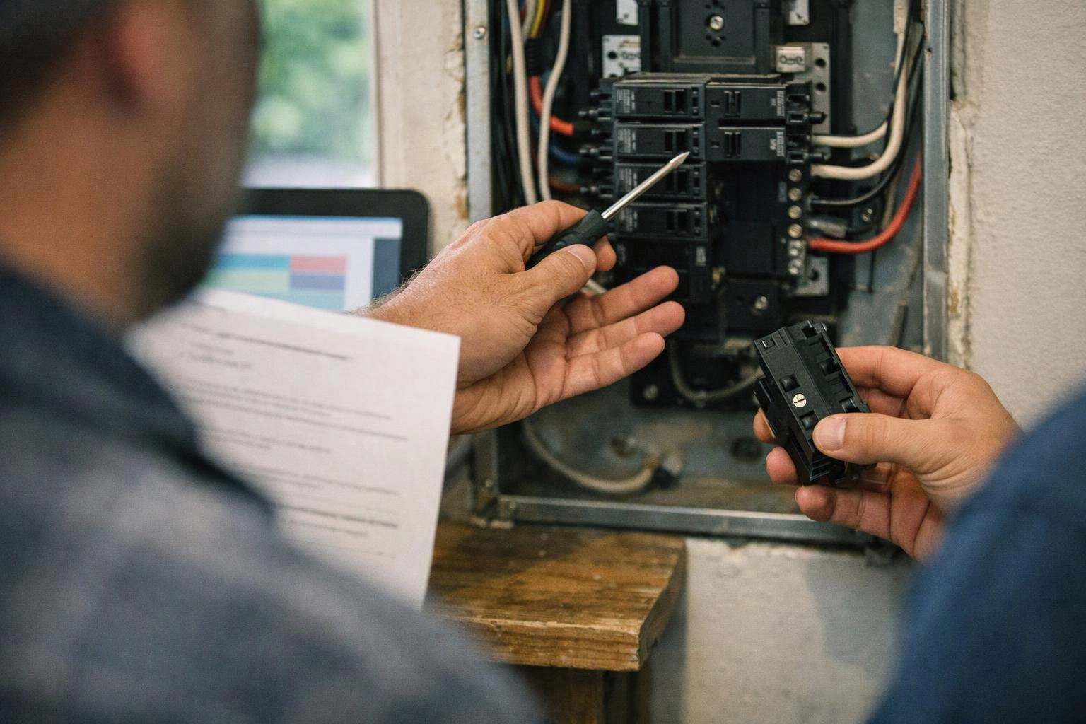 Two workers inspect an open electrical panel, one holds a screwdriver and the other a breaker part
