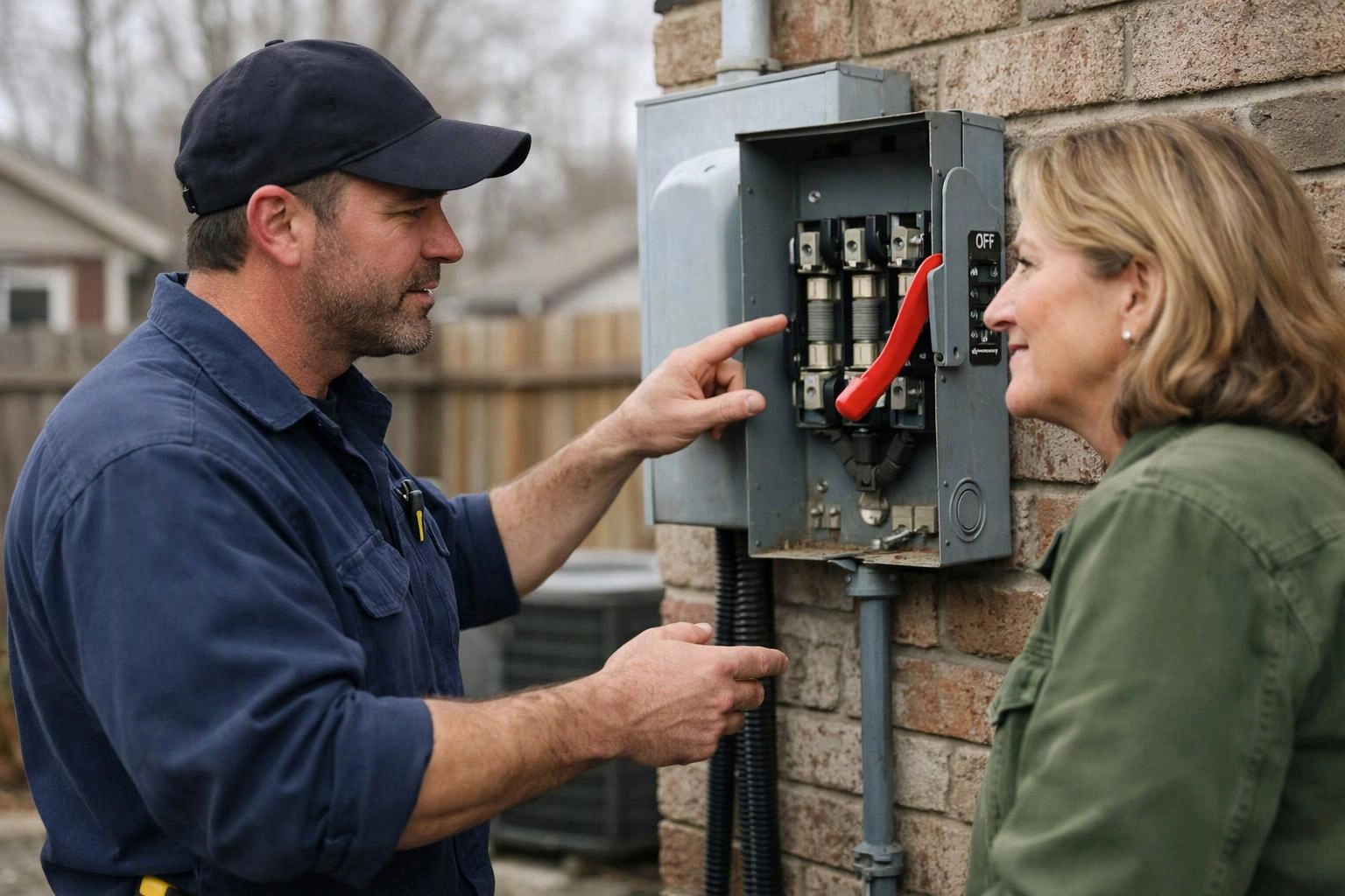 A man points at an open electrical panel while a woman watches beside a brick wall outdoors