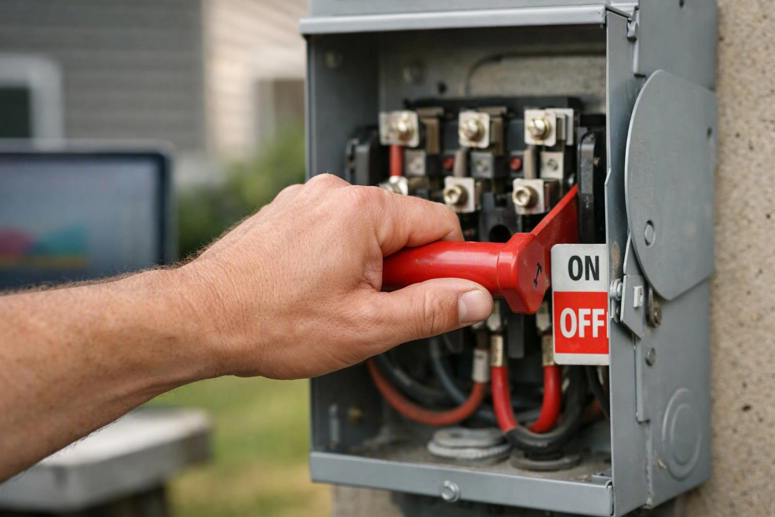 A hand turns a red switch inside an open electrical control box with an ON and OFF label