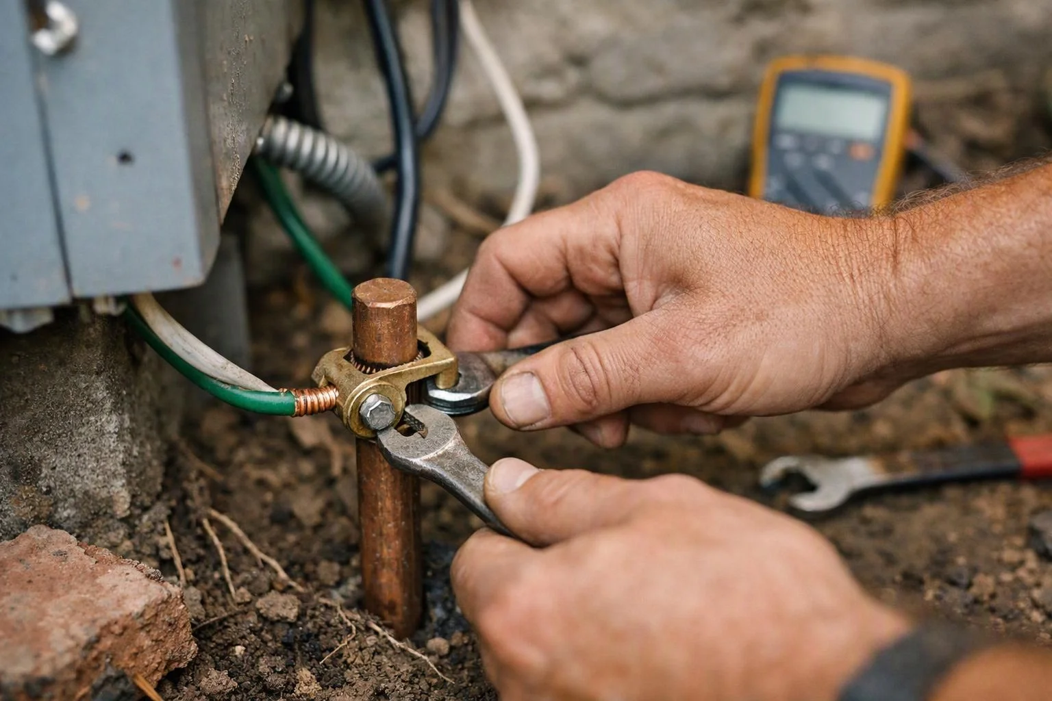 Hands tighten a grounding clamp onto a copper rod beside outdoor electrical wiring