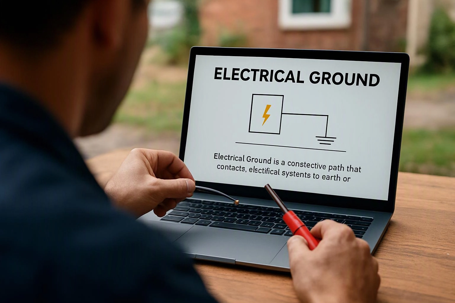 A person holds test probes toward a laptop showing an electrical ground diagram outdoors