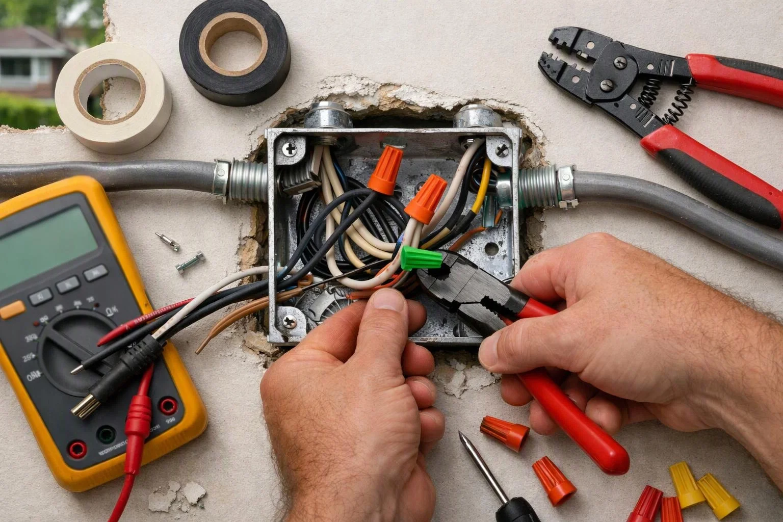 Hands wire an open electrical box in a wall with pliers, a meter, and loose connectors nearby