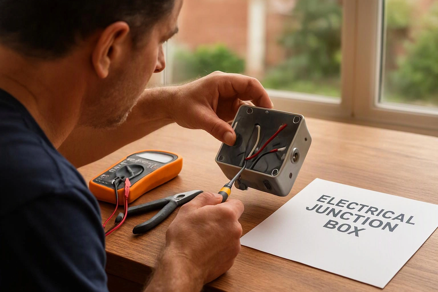 A man inspects wires inside an electrical junction box beside a multimeter and pliers on a wooden table