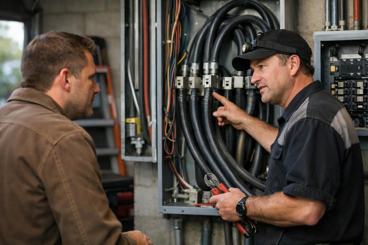 Two men inspect wiring in an open electrical panel, while one points and holds pliers inside a utility room