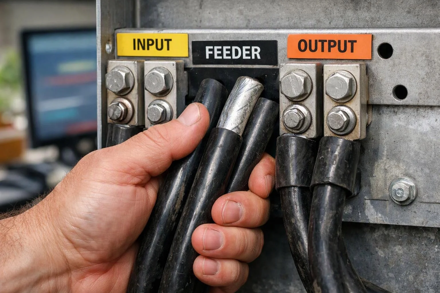 A hand holds several black cables against labeled metal terminals marked INPUT, FEEDER, and OUTPUT