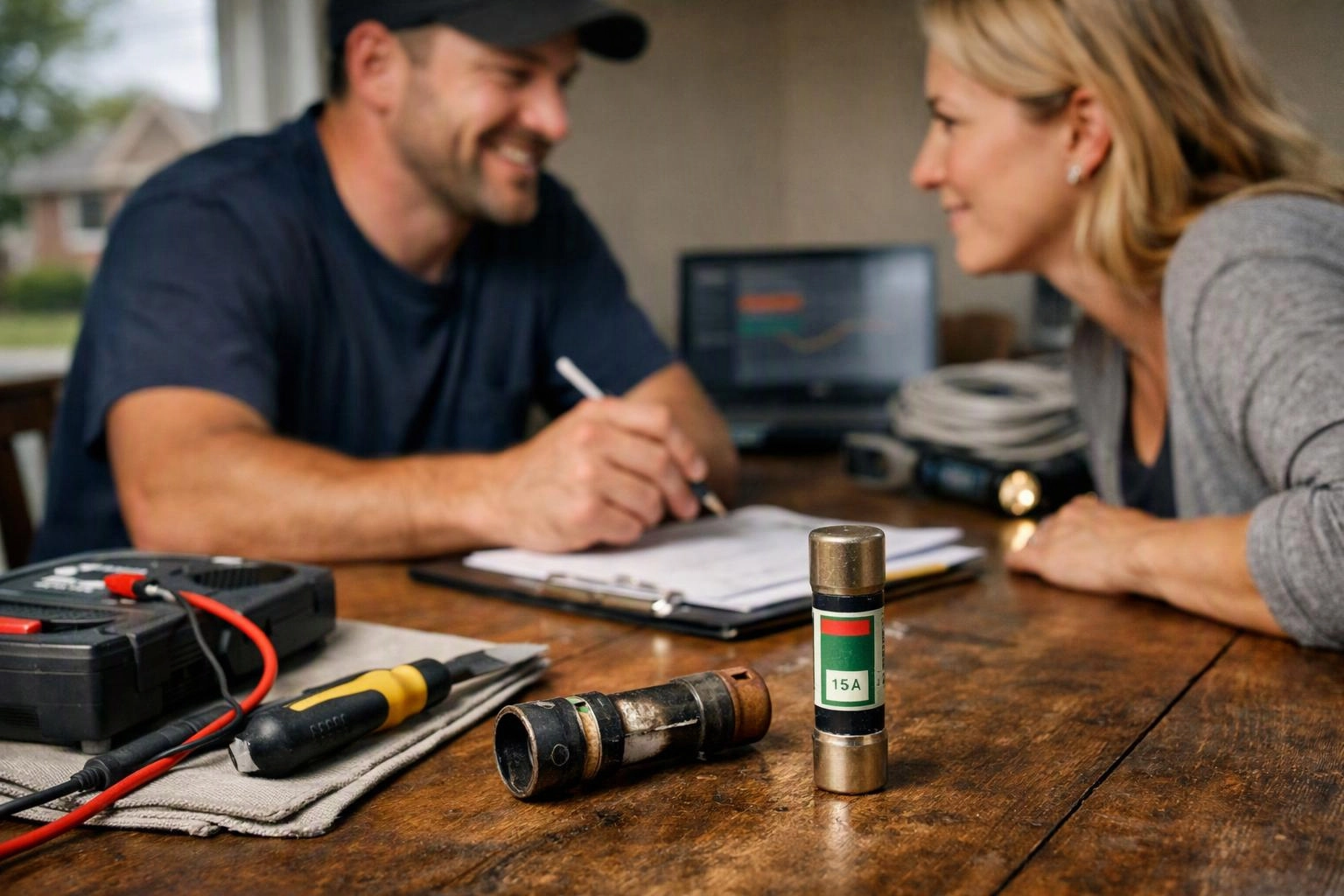 A man and woman lean over papers at a wooden table with electrical tools and fuses in the foreground