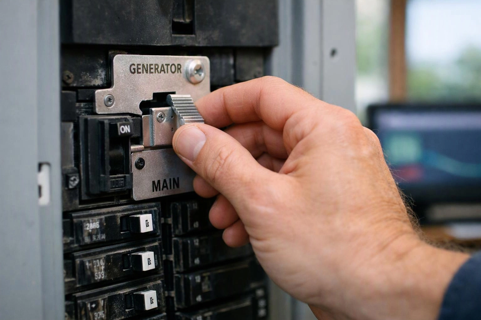 A hand flips a labeled generator transfer switch inside an electrical breaker panel