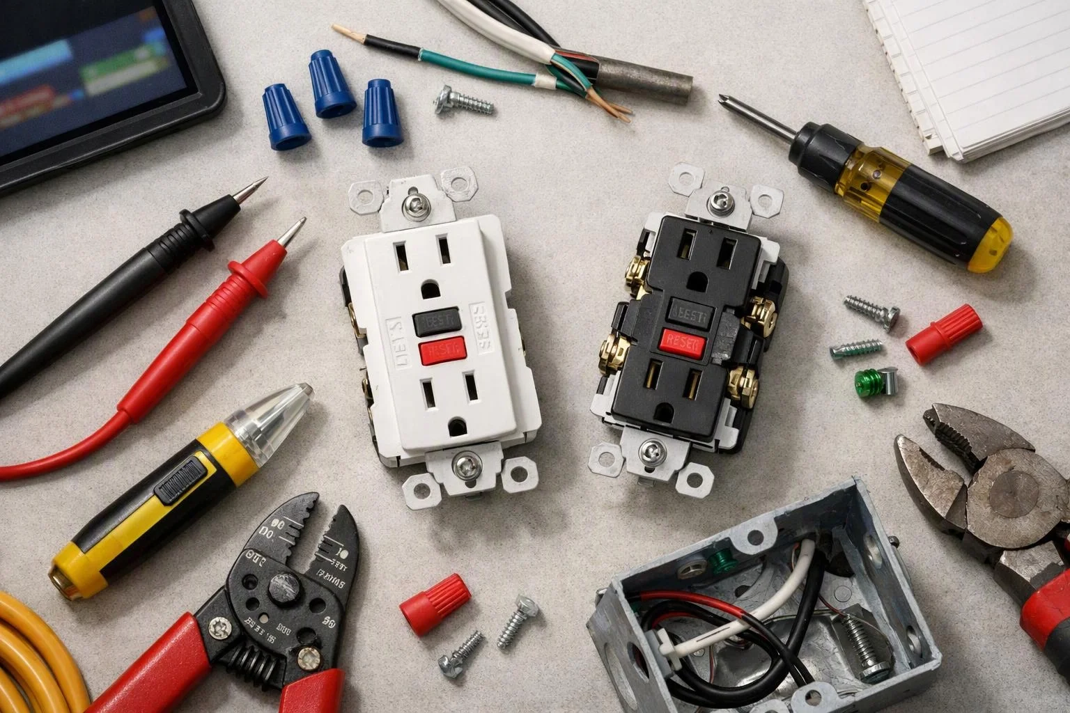 Electric wiring tools surround two GFCI outlets and a metal junction box on a work surface
