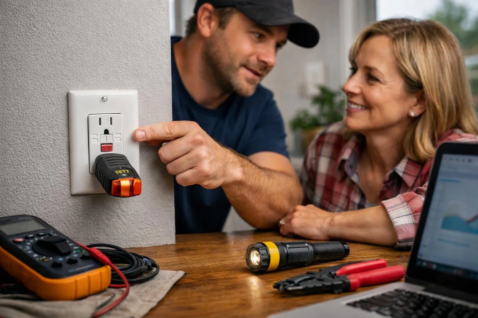 A man points to a wall outlet while showing a woman a plugged-in tester beside tools on a table