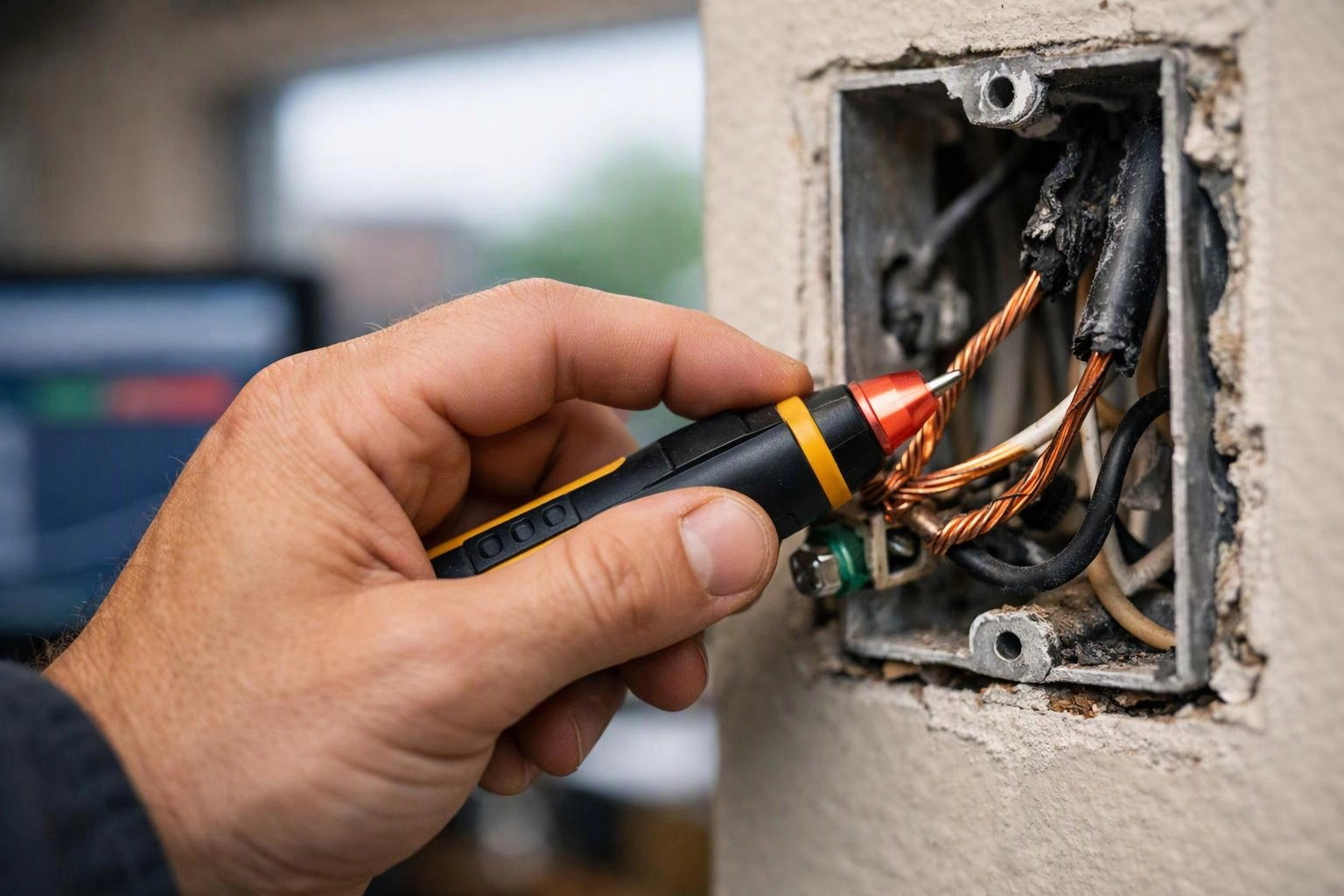 A hand uses a voltage tester on exposed wires inside a wall outlet box
