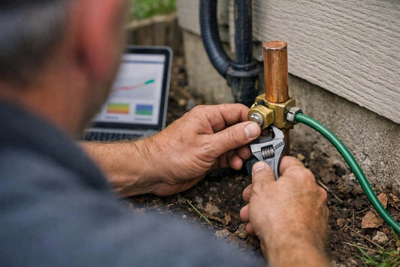 A worker tightens a brass pipe fitting with a wrench beside a house wall, with a laptop nearby