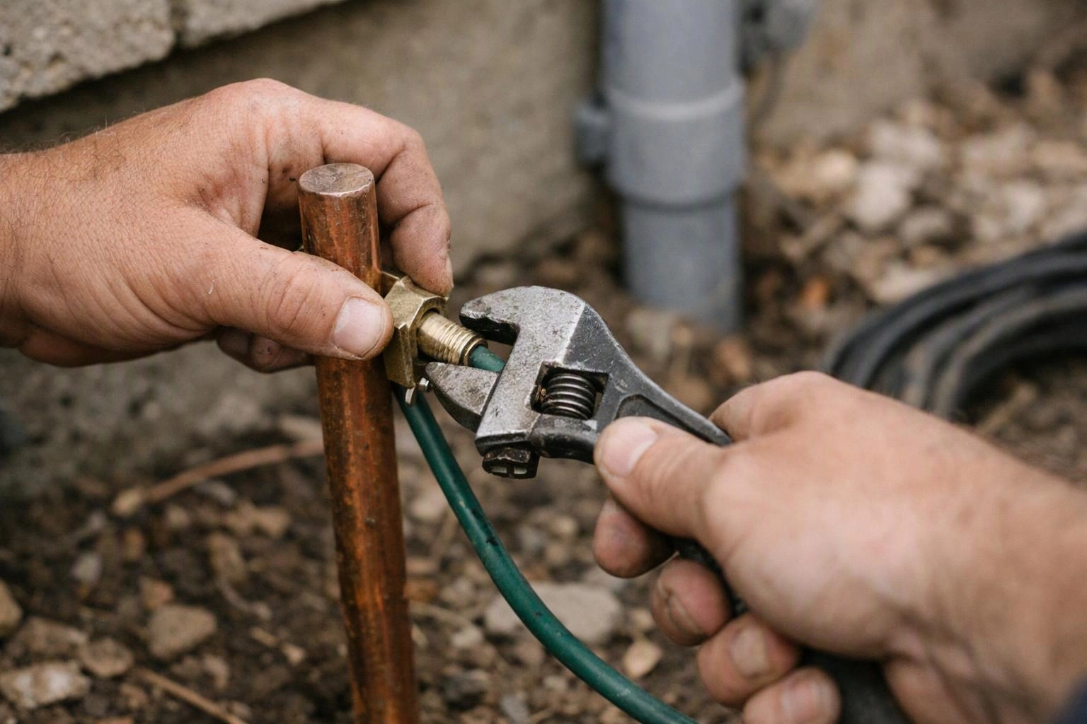 Hands use an adjustable wrench to tighten a fitting on a copper pipe outdoors