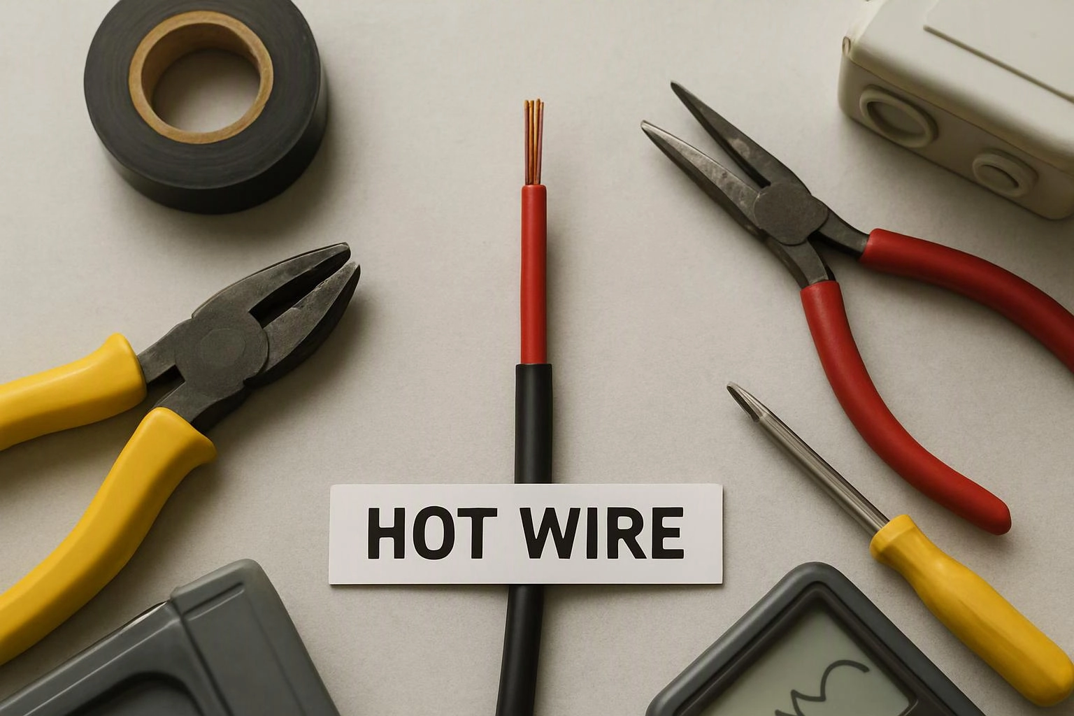 Electrician tools and a labeled wire lie on a gray surface with a roll of tape and connectors nearby