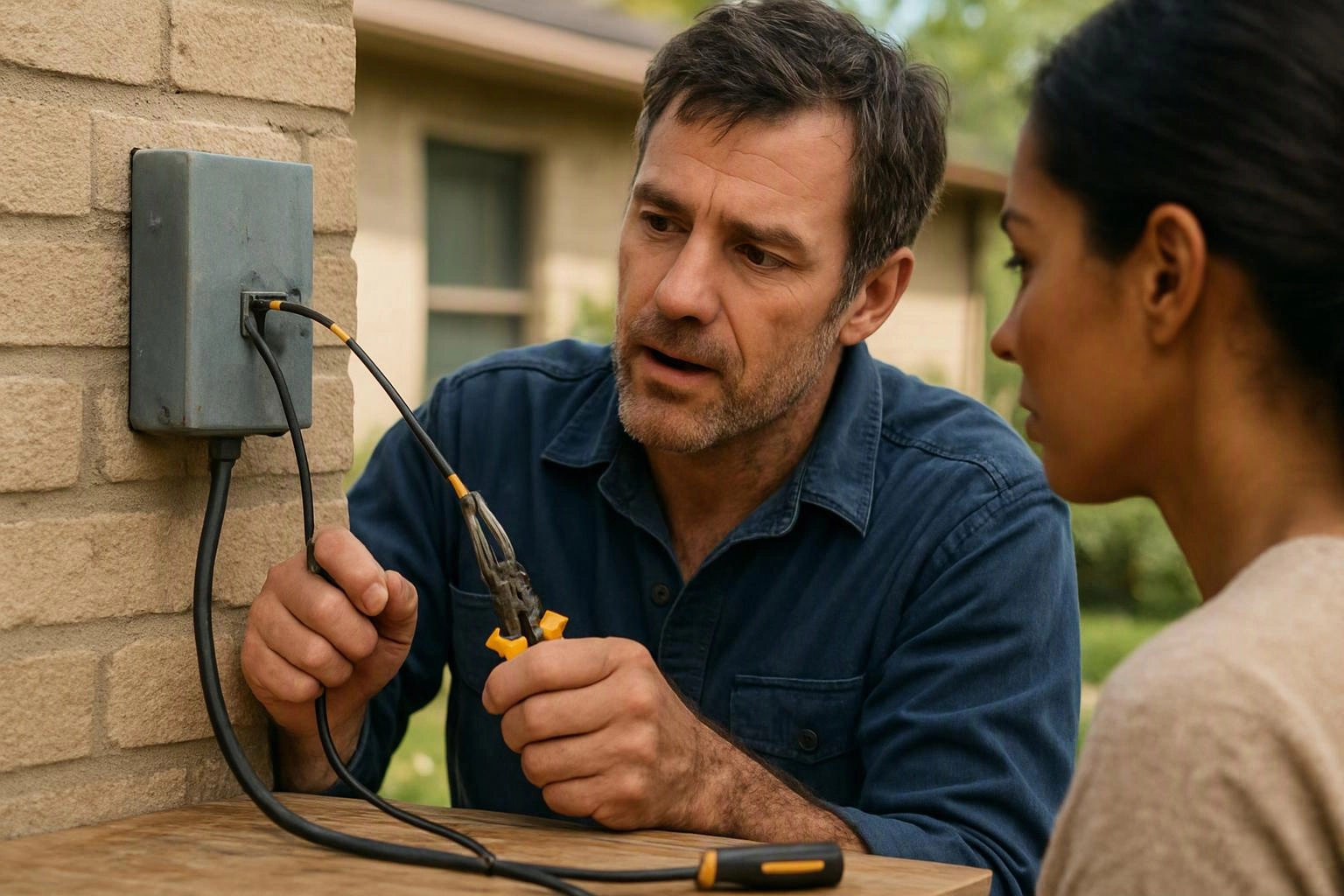 A man repairs exposed wires on a wall box while a woman watches nearby outdoors