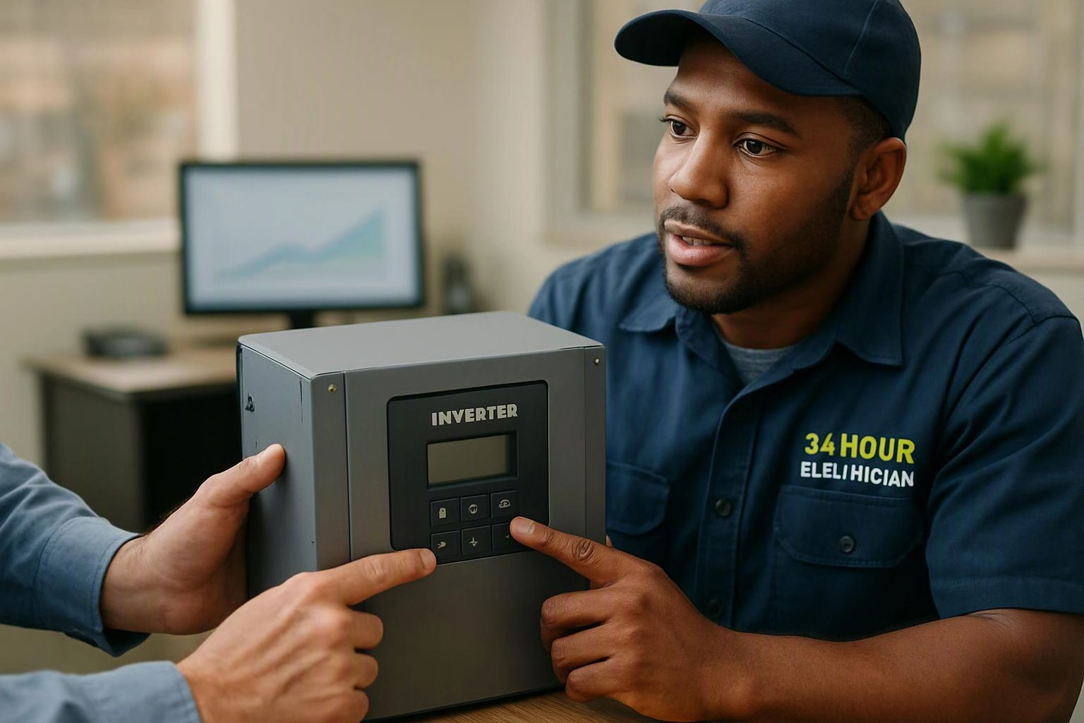 A man in a navy work shirt shows a gray inverter box while another person points at its buttons in an office
