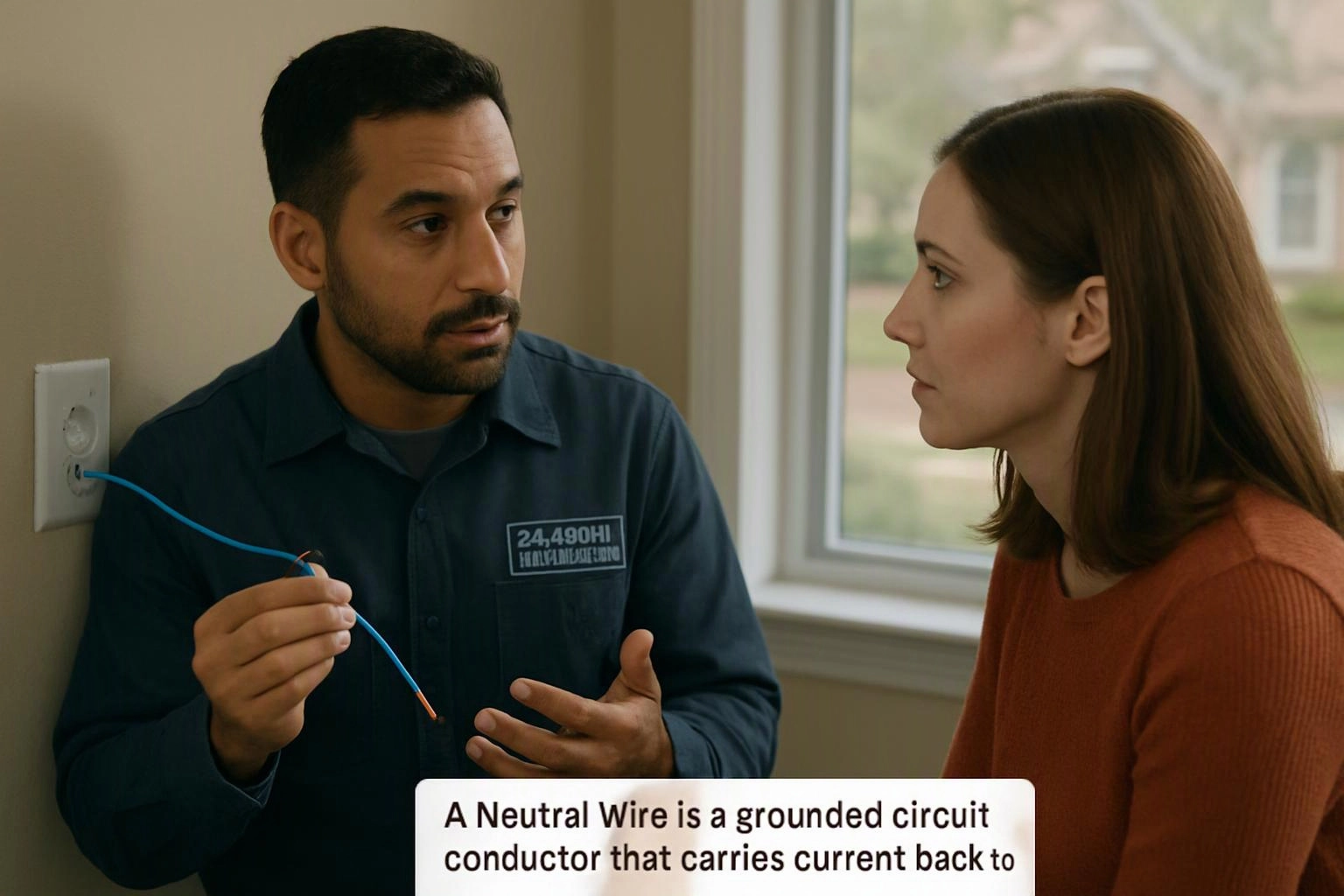A man holds a blue wire beside a wall outlet while talking to a woman indoors