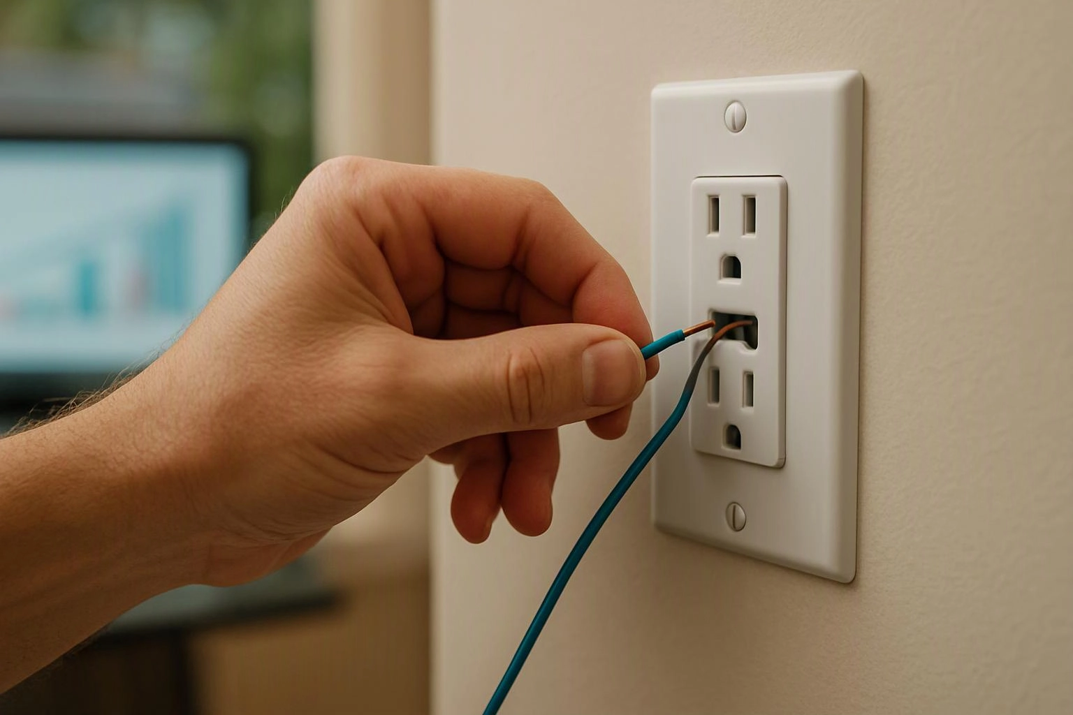 A hand inserts bare blue and brown wires into a wall outlet on a beige wall