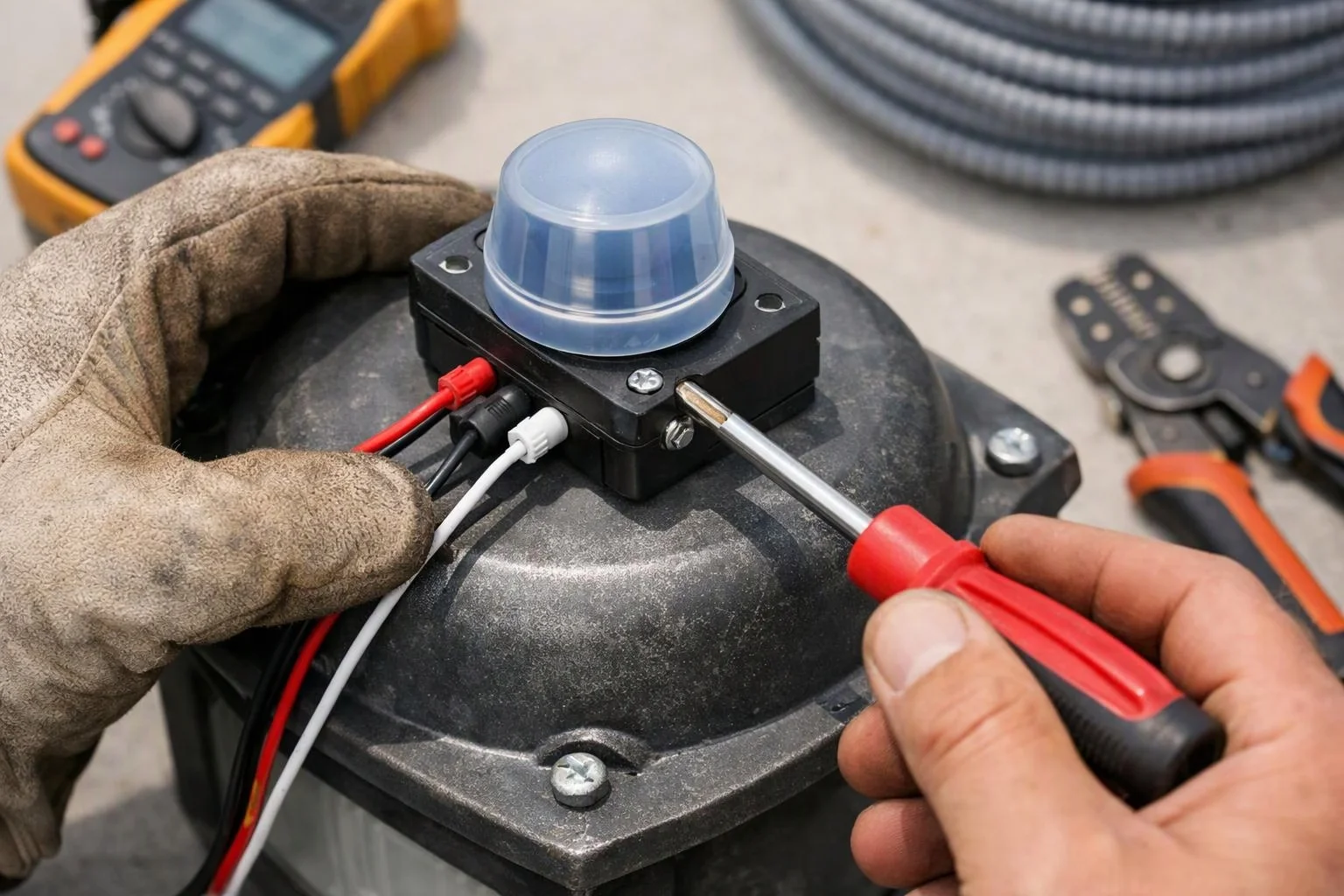 Hands install a small wired sensor on a black housing with a screwdriver and work gloves at a workshop bench