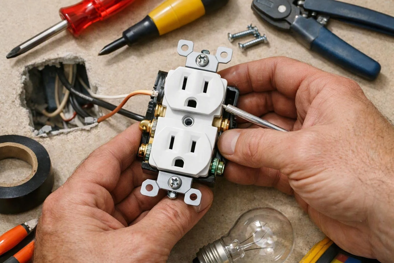 Hands hold a duplex electrical outlet while a screwdriver adjusts it beside exposed wires, tools, screws, and a light bulb