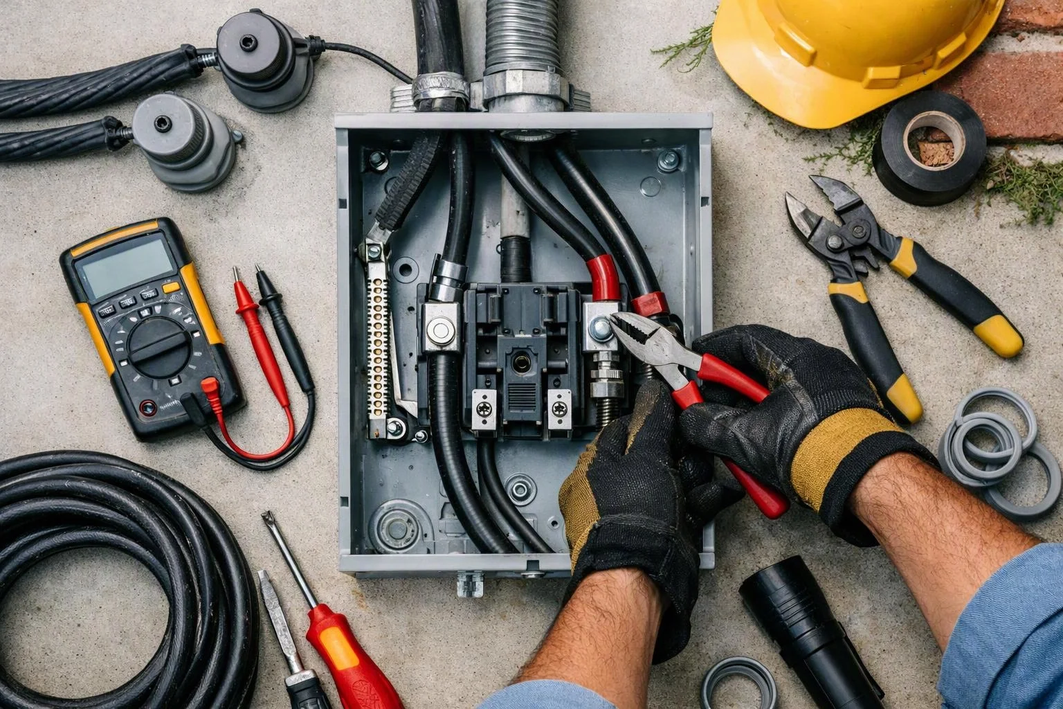 Gloved hands work inside an open electrical box surrounded by cables, tools, a hard hat, and a multimeter