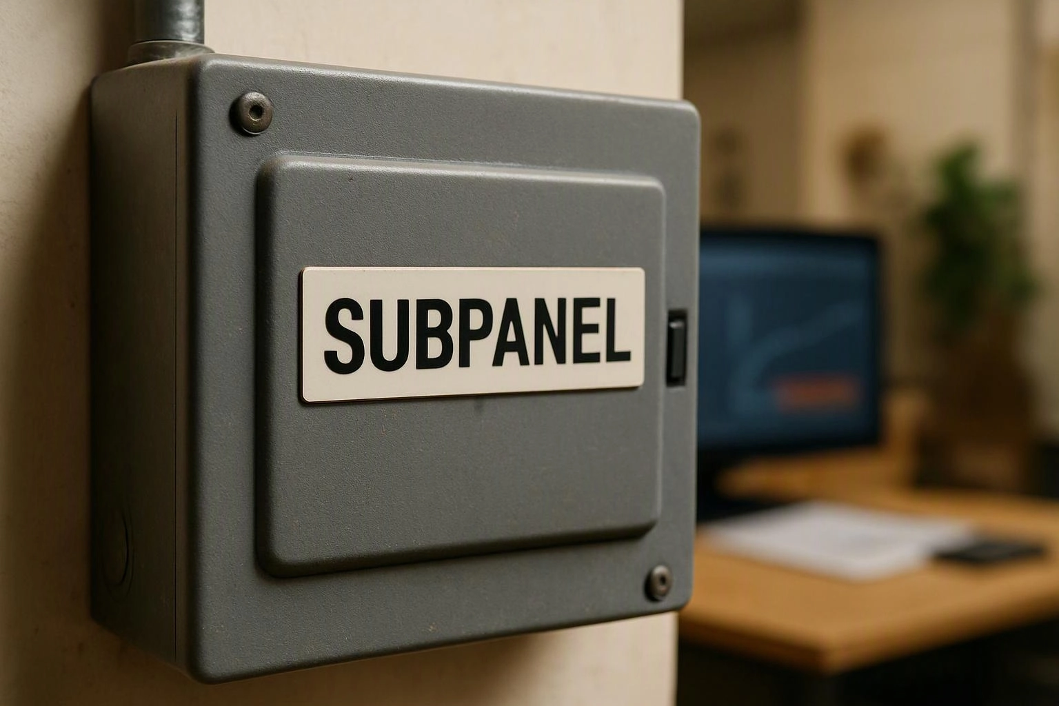 A gray electrical subpanel box is mounted on a wall, with a blurred desk and monitor behind it