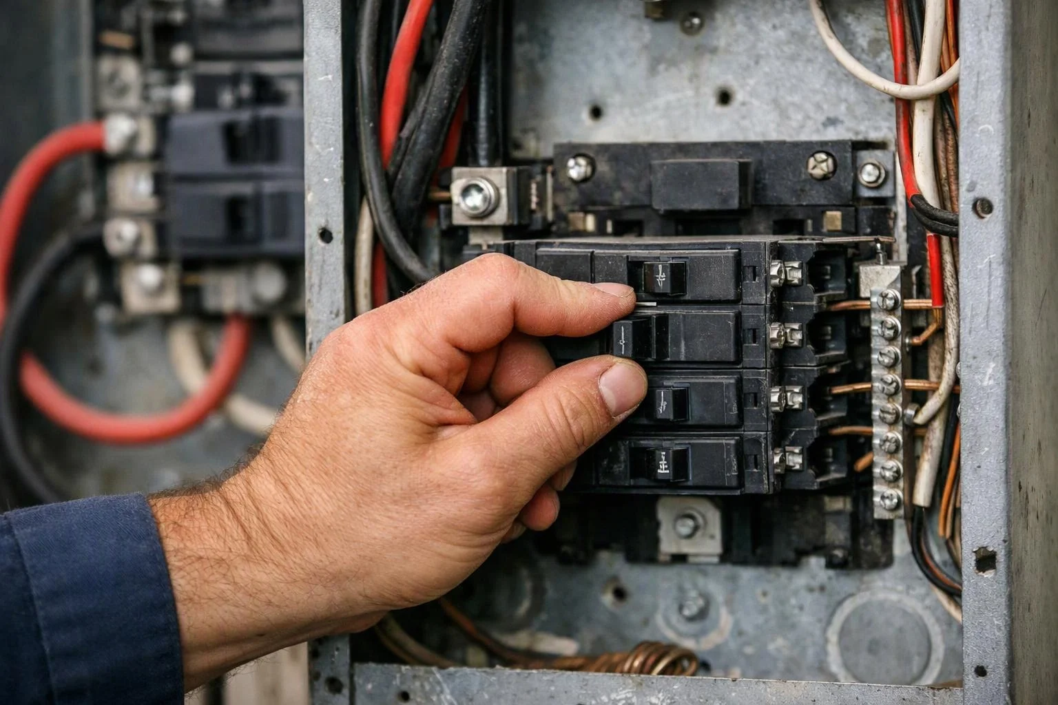 A hand flips a breaker switch inside an open electrical panel with exposed wires and metal components