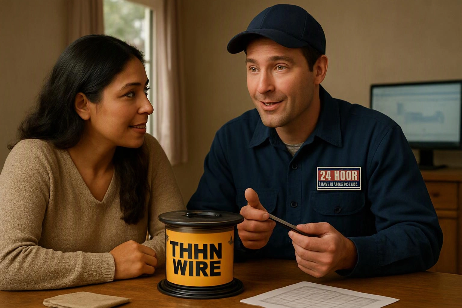 A man in a navy uniform talks to a woman at a table beside a yellow wire spool and papers