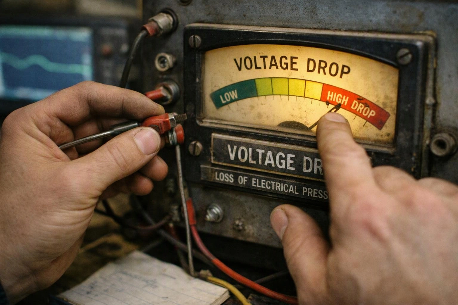 Hands adjust wires on a voltage drop meter in a workshop setting