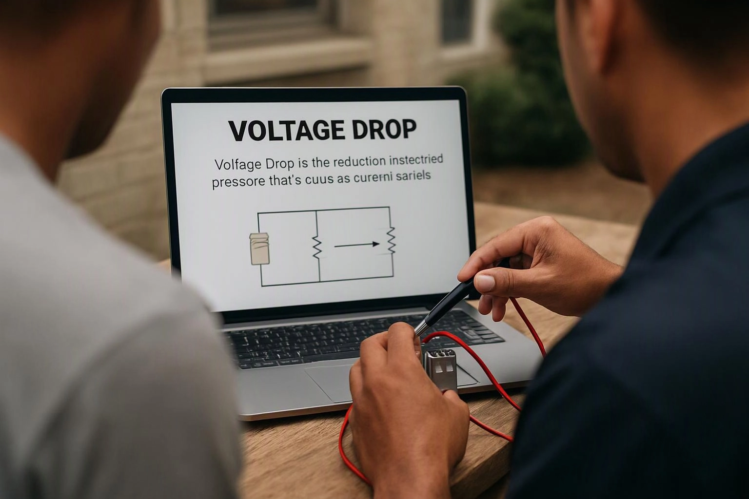 Two people inspect a laptop showing a voltage drop diagram while testing a small electronic component with probes