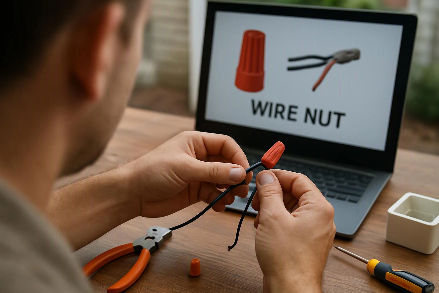 A person twists wires together at a wooden desk while a laptop shows a wire nut diagram