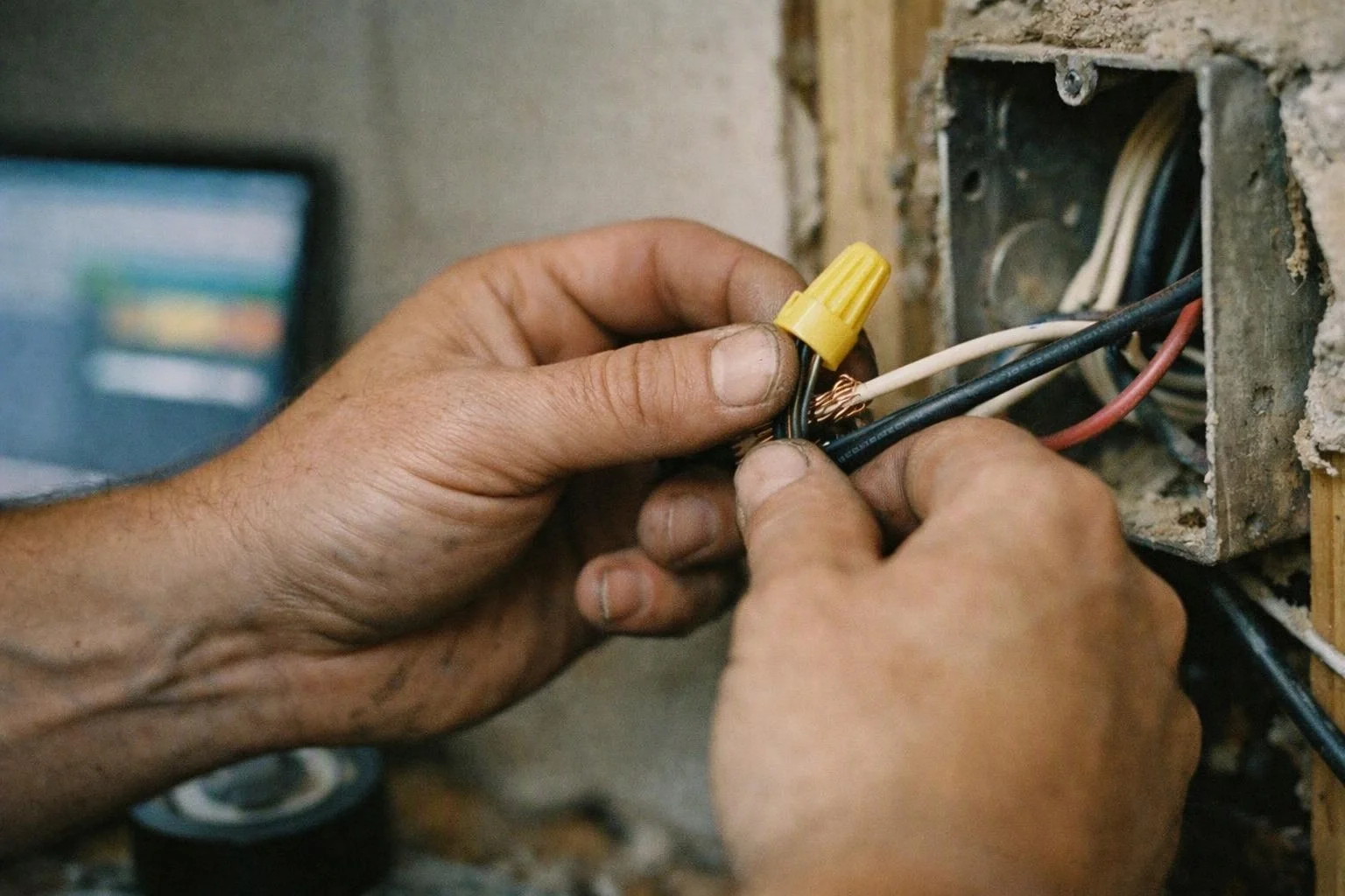 Hands connect colored electrical wires inside a wall outlet box during repair