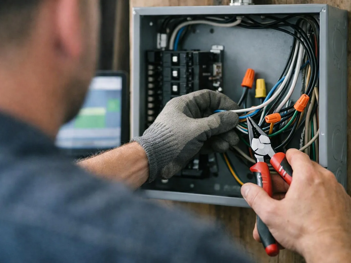 A gloved electrician trims wires inside an open metal electrical panel with red-handled pliers