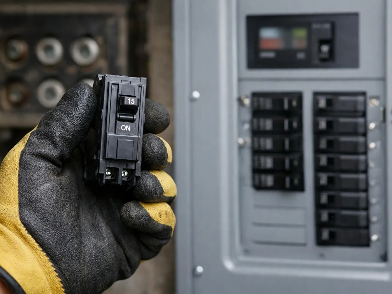 A gloved hand holds a 15-amp breaker in front of an open electrical panel