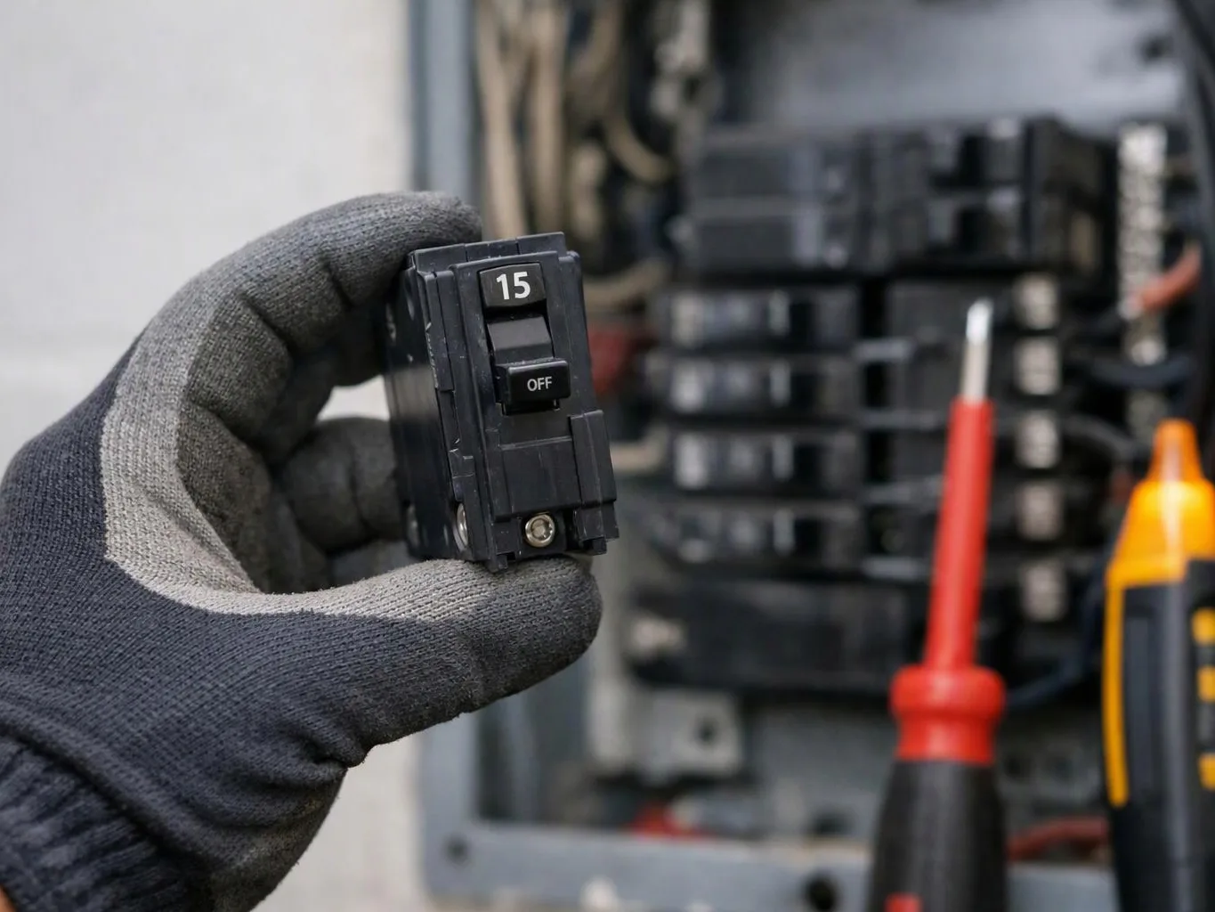A gloved hand holds a 15-amp circuit breaker in front of an open electrical panel, with tools blurred behind it