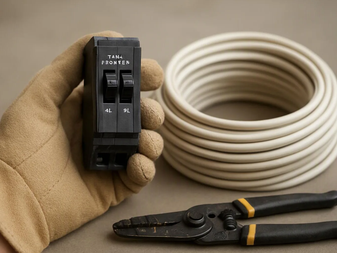 A gloved hand holds a black circuit breaker beside coiled white cable and wire cutters on a work surface
