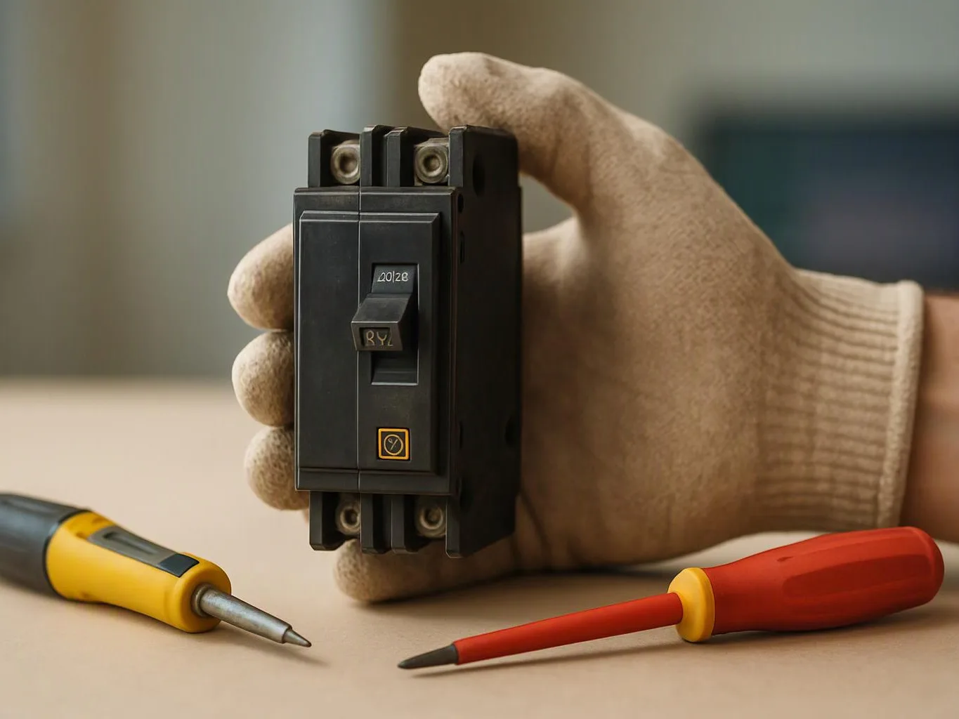 A gloved hand holds a black electrical breaker beside two screwdrivers on a work surface