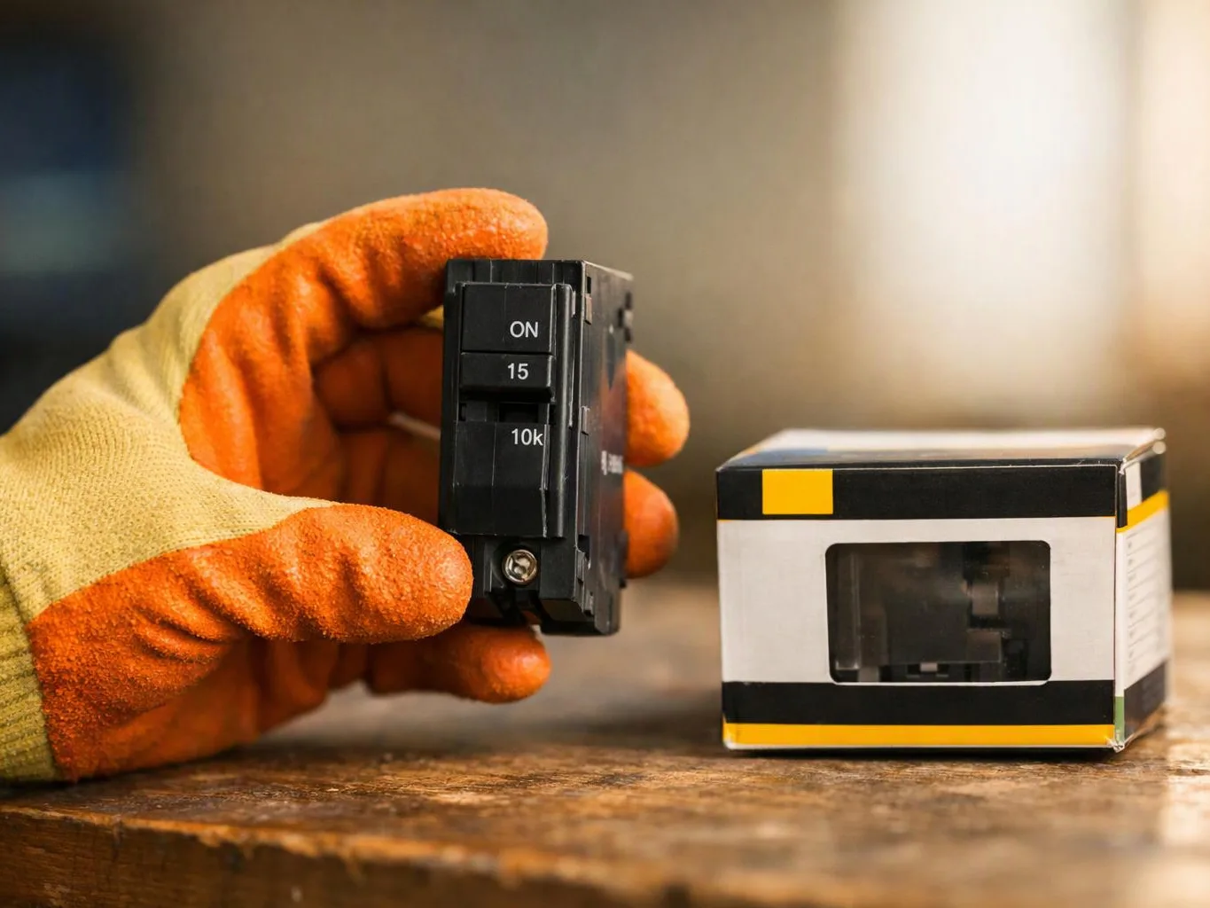 A gloved hand holds a black electrical breaker beside its box on a wooden table